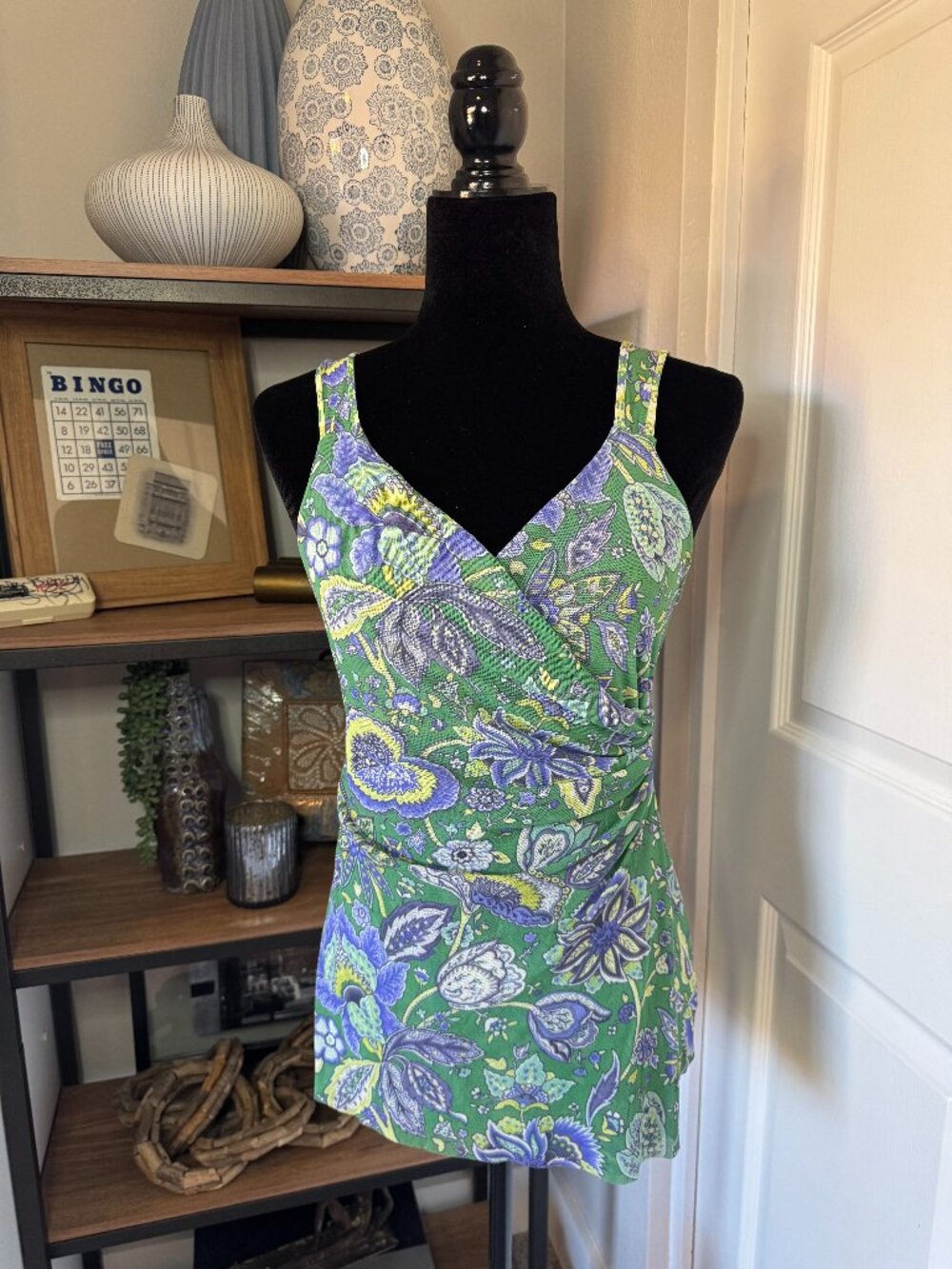 Sweet Pea by Stacy Frati Green & Purple Floral Faux Mesh Wrap Tank - Size L